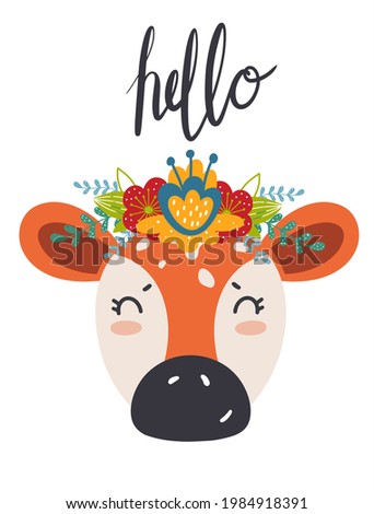 Cute calf with flower wreath in scandinavian style with lettering for kids design