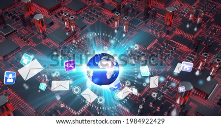 Composition of glowing globe over computer processor circuit board server. global connections, technology and digital interface concept digitally generated image.