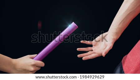 Composition of caucasian athletes passing pink relay baton with glowing light. championships, sports and competition concept digitally generated image.