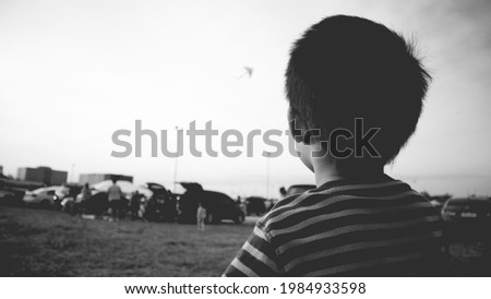 a kid in a park looking at kites