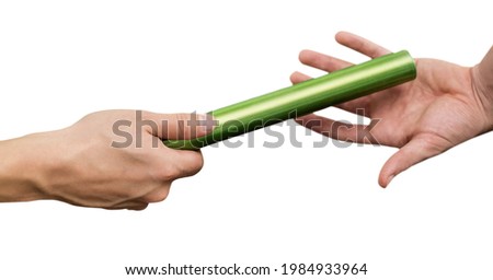 Composition of caucasian athletes passing green relay baton isolated on white background. championship, sports and competition concept digitally generated image. Royalty-Free Stock Photo #1984933964