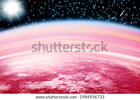 Cosmos landscape, red planet surface, dark black sky, shiny sun glow, stars, comets above Mars horizon, celestial body, abstract alien galaxy, cosmic view, fantasy outer space illustration, universe Royalty-Free Stock Photo #1984936733