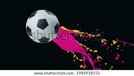 Composition of football with yellow and pink splashes isolated on black background. sports and competition concept digitally generated image.