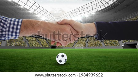Composition of business people shaking hands over sports stadium. sports, deal, agreement and competition concept digitally generated image.