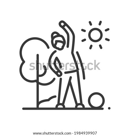 Senior woman doing exercises - line design single isolated icon on white background. Fitness and active lifestyle concept. Image of a retired woman training. Elderly people care, healthcare idea Royalty-Free Stock Photo #1984939907