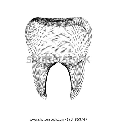 Tooth silhouette consisting of black dots and particles. 3D vector wireframe of a molar dent with a grain texture. Abstract geometric dental icon with dotted structure isolated on a white background