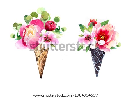 Watercolor hand painted ice cream cone with flowers illustration isolated on a white background. Summer design. 