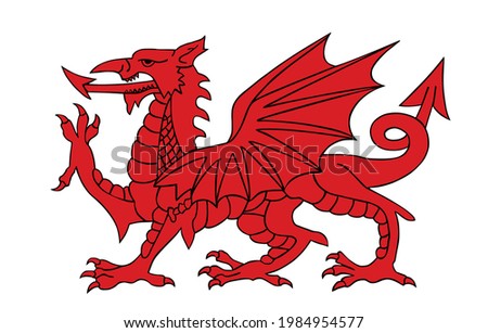 Wales coat of arms red dragon silhouette, seal, national emblem, isolated on white background. Vector Coat of arms of Wales.  Royalty-Free Stock Photo #1984954577