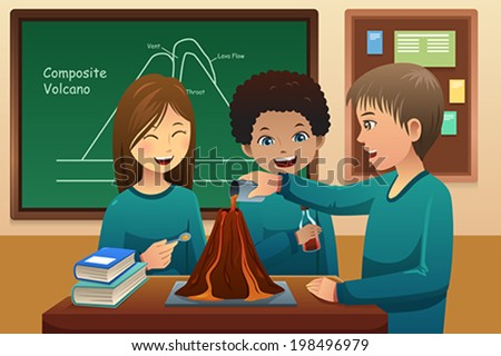 A vector illustration of elementary students doing a volcano experiment at school