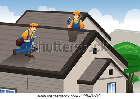 A vector illustration of roofer working on the roof of a house