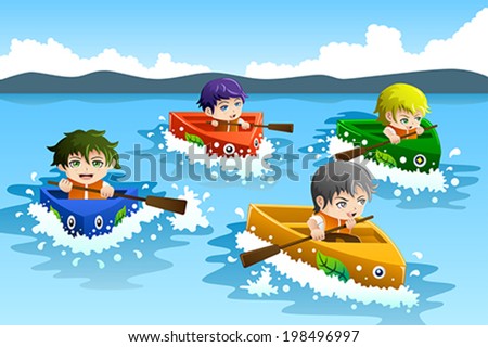 A vector illustration of happy kids in a boat race