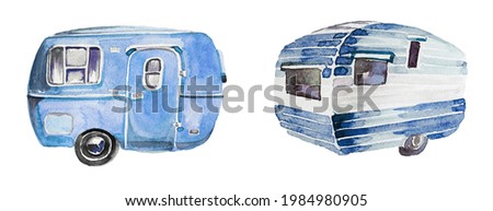 Watercolor hand painted vintage camping van clipart isolated on a white background. Tourist concept illustration. Camper design.