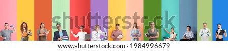Set of teachers on color background