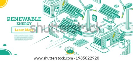 Renewable Green Energy Isometric Concept Isolated on White Background. Vector Illustration. Solar Panels and Wind Power Plants. Sustainable Ecological Power Generation of Clean Energy. Royalty-Free Stock Photo #1985022920