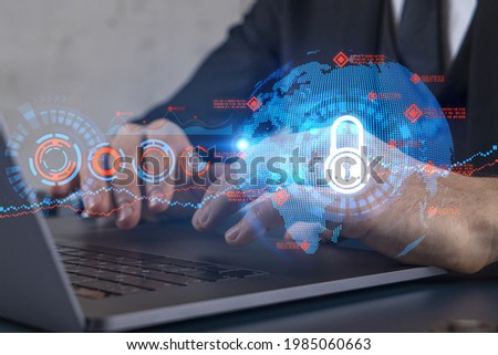 Businessman search for security options, typing laptop background and lock icons hologram.