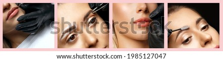 Set of permanent makeup photos: beautician in gloves applying permanent pigment at beauty salon