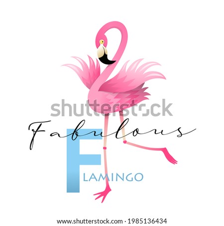 F is for Fabulous Flamingo. Fun colorful english ABC for children. Vocabulary and Letters alphabet Study concept, teaching language cards for teacher. 