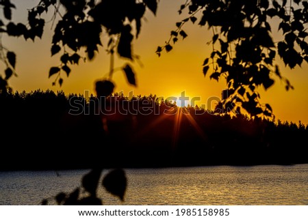 Abstract picture of a summer sunset with a silhouette of a forest on the shore of a lake. The concept of summer outdoor recreation.