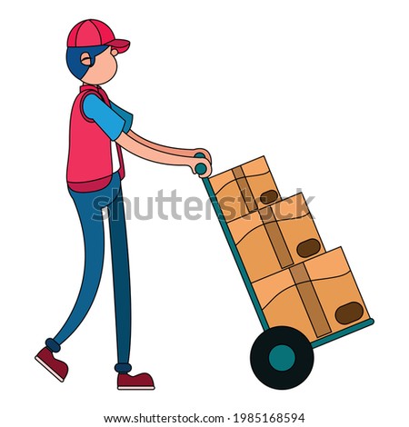 Isolated delivery guy with packages on a cart Vector