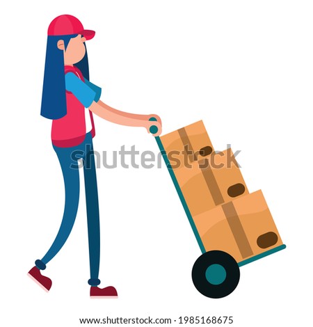 Isolated delivery girl with a package cart Vector illustration