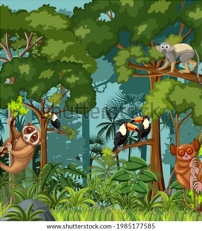Tropical rainforest scene with various wild animals illustration
