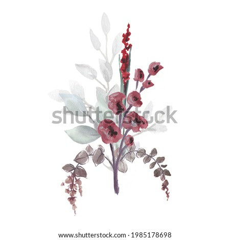 Watercolor Floral Illustration. Abstract Branch of Flowers Clip Art. Botanic Composition for Greeting Card or Invitation. 