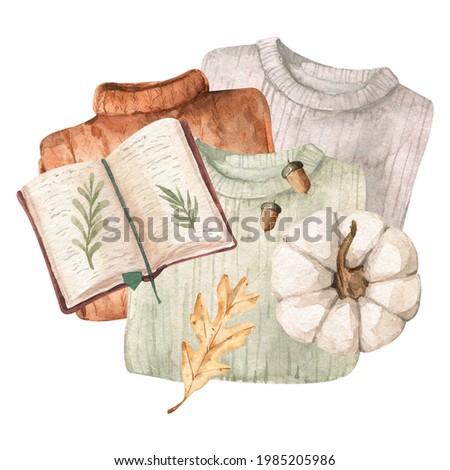 Watercolor cozy sweaters, pumpkins and book. Atmospheric autumn clip art. Perfect for card, logo, paper, textile and other design.
