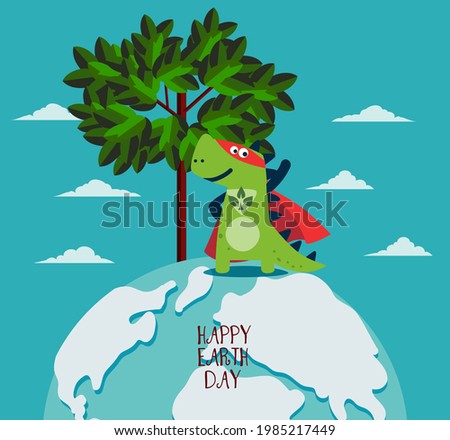 Funny dinosaur in superhero costume. Super Dino. Cartoon superhero standing with cape waving in the wind. Happy Earth day vector illustration. Eco friendly ecology concept