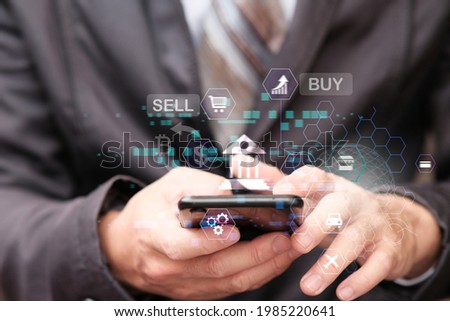 Businessman using smartphone online banking and payments, Digital marketing, Finance and banking network, Online shopping and icon customer networking connection concept  