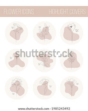 Set of contemporary hand drawn flowers. Highlights Stories Covers for popular social media. Perfect for bloggers. Doodle botanical icons. Modern vector illustration.