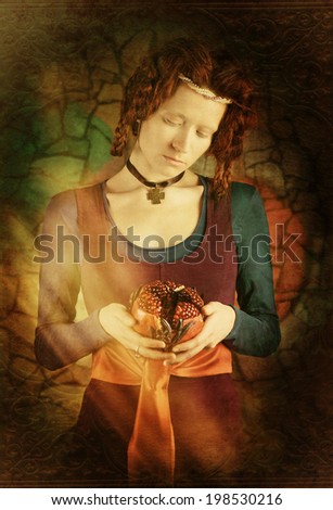 Retro style portrait of woman with pomegranate