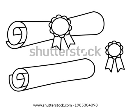 A rolled up scroll, letter, message, or map. Graduation diploma with seal stamp. Curled paper, official document with badge. Black outlines isolated on a white background. Diploma Degree illustration.