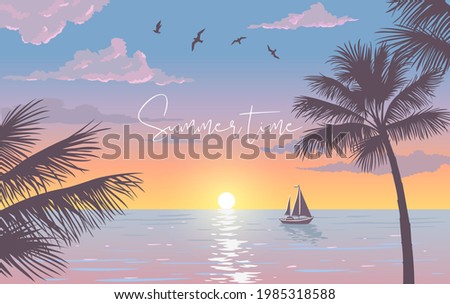 Scenic sunset on tropical beach with palm trees. Vector illustration Royalty-Free Stock Photo #1985318588