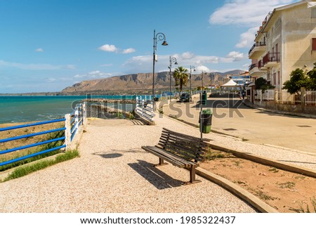 Waterfront promenade of seaside resort Trappeto at a sunny day, province of Palermo, Sicily, Italy