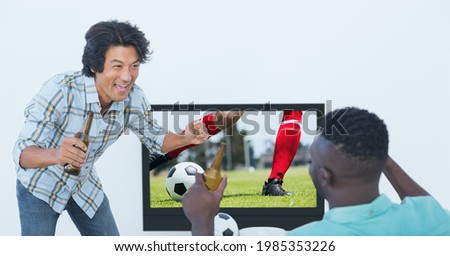 Compostion of diverse male friends watching football match on tv on white background. championships, sports and competition concept digitally generated image.