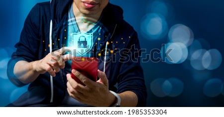 Privacy Technology to protect and safe data on cyberspace network as a man using smartphone and social media