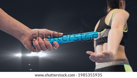Composition of caucasian male runner passing baton to his teammate on black background. championships, sports and competition concept digitally generated image.