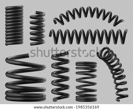 Black spring coils, flexible spiral metal wire. Vector realistic set of plastic or steel elastic springy coils different shapes for suspension or machine absorber isolated on transparent background Royalty-Free Stock Photo #1985356169