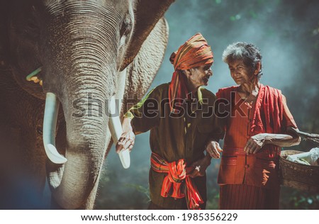 Old couple walking with their elephant into the jungle, in Thailand