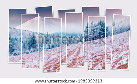 Isolated ten frames collage of picture of winter sunrise in Carpathian mountains. Snowy morning view of mountain valley. Mock-up of modular photo.
