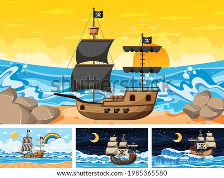 Set of different beach scenes with pirate ship and pirate cartoon character illustration