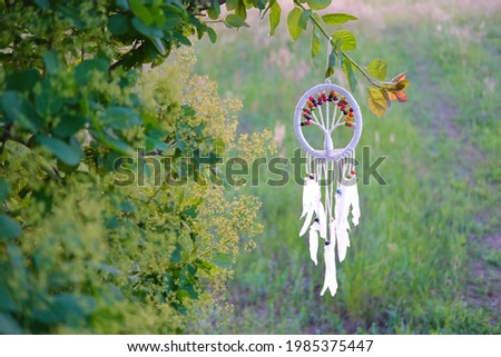 Dream catcher, miracle of magic's belief through feather and crochet craft during sunshine, sway by the wind