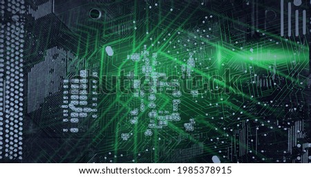 Composition of computer processor with network of connections and circuit board. global data processing, computing and technology concept digitally generated image.
