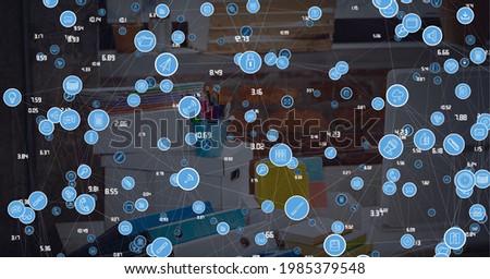 Composition of network of connections with icons over computer in office. global business, connections, data processing and technology concept digitally generated image