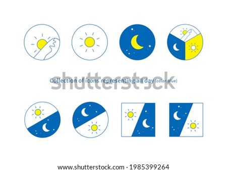 Morning, day and night, morning and night image illustration, icon set 8 types (line drawing, blue) Royalty-Free Stock Photo #1985399264
