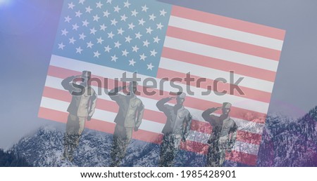 Composition of male soldier silhouettes saluting over american flag and mountain landscape. patriotism and celebration concept digitally generated image.