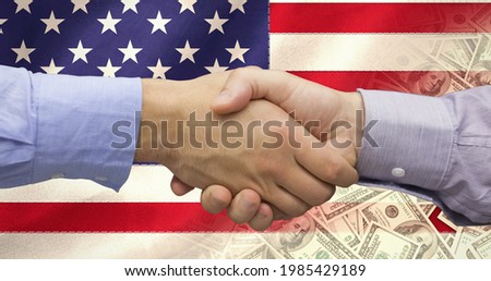 Composition of two men shaking hands over american flag and banknotes. patriotism and celebration concept digitally generated image.