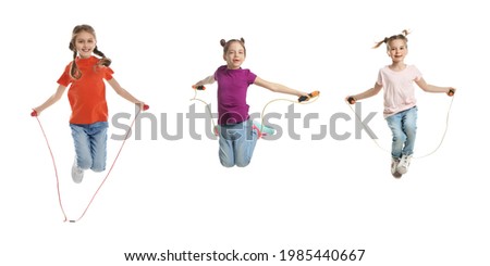 Cute happy children with jumping ropes on white background, collage. Banner design Royalty-Free Stock Photo #1985440667