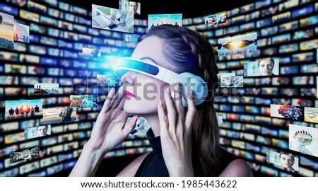VR goggle concept. Virtual reality. Digital contents. Social networking service. Streaming video. communication network. 