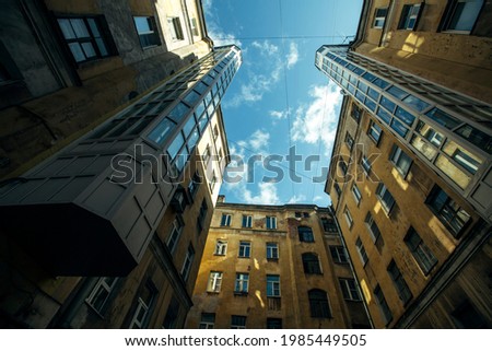 View of typical courtyard of buildings in St. Petersburg, Russia.  